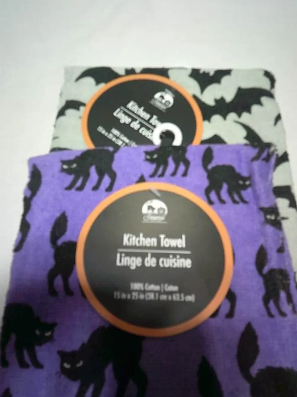 LOT 2 NEW HALLOWEEN KITCHEN TOWELS BATS & CATS DESIGN 100% COTTON GREENBRIER INT